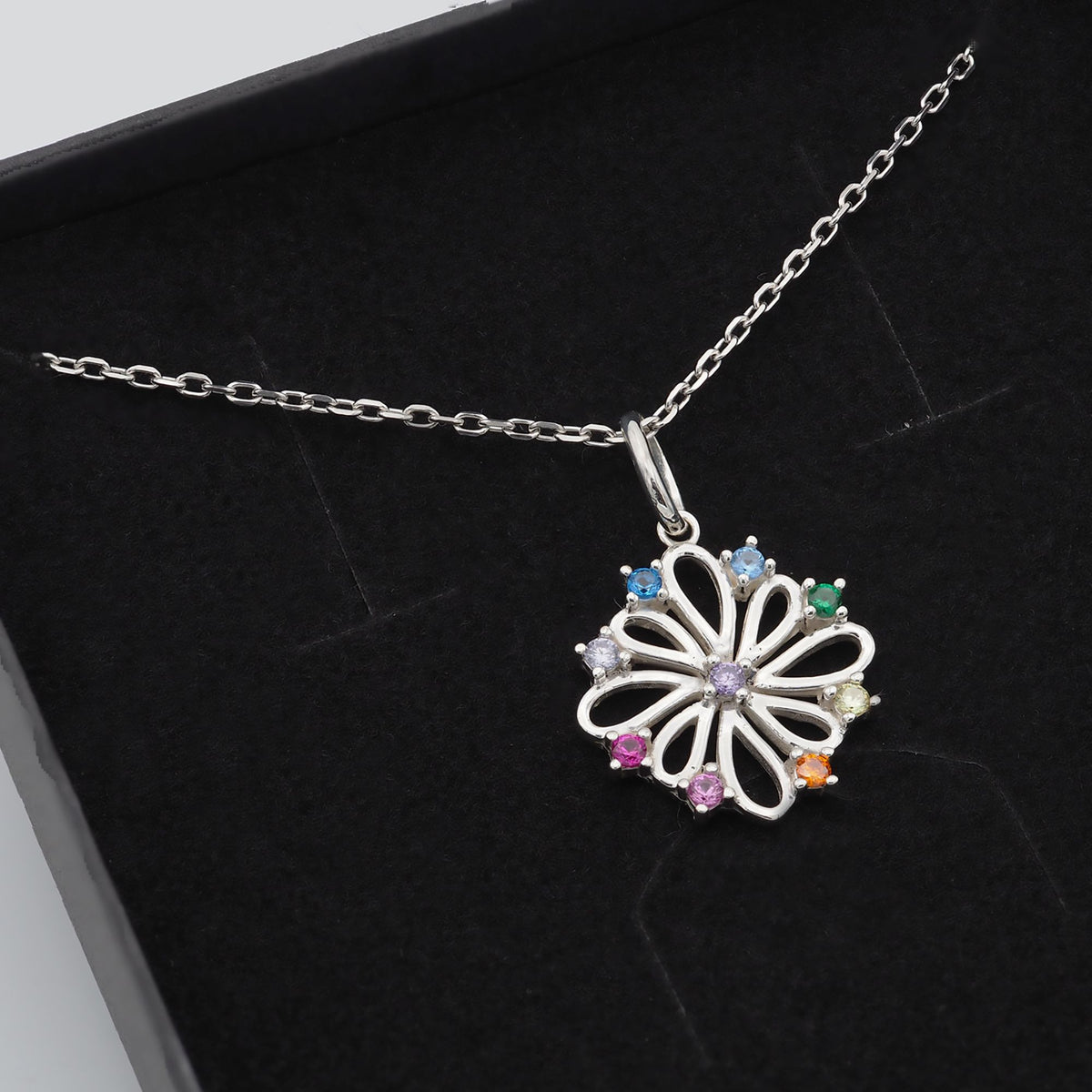 Collar Donna de plata 925 con piedras multicolor dentro de su caja de regalo abierta - Andrea Jewels