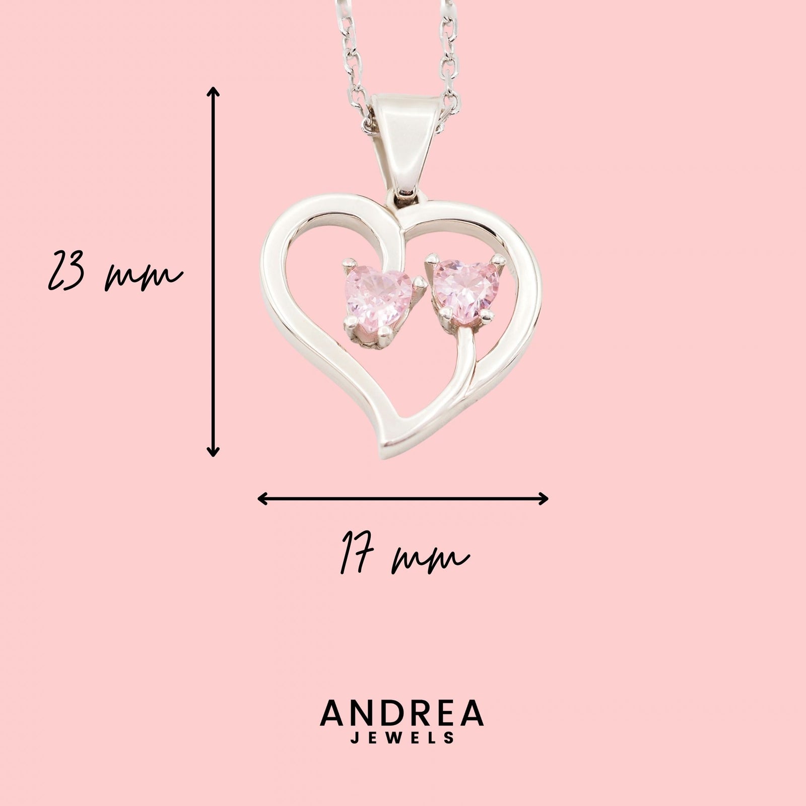 Medidas del collar Duo de plata con dos piedras rosas: 23 x 17 mm - Andrea Jewels