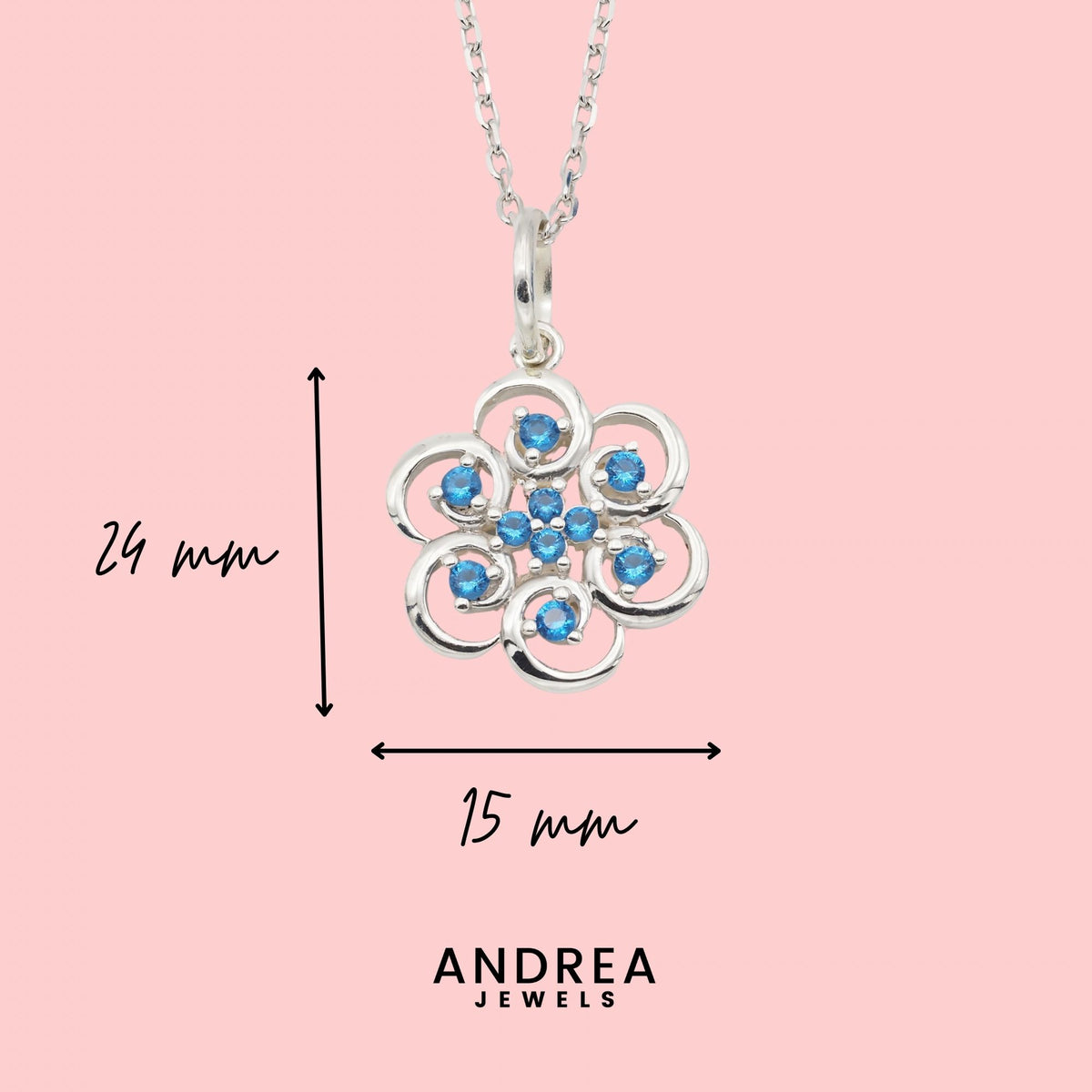 Medidas del collar Poppy de plata 925 con piedras azules: 24 x 15 mm - Andrea Jewels
