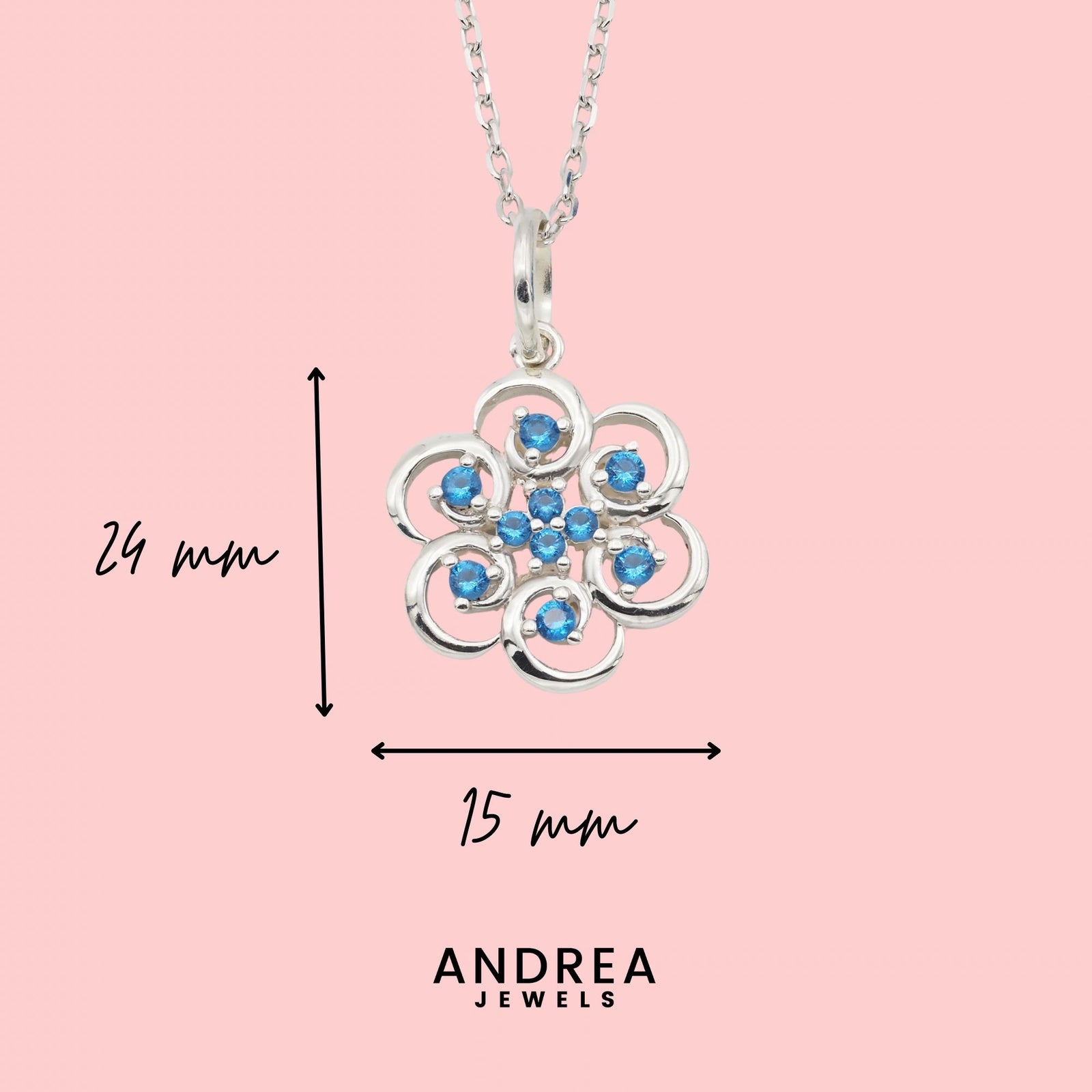 Medidas del collar Poppy de plata 925 con piedras azules: 24 x 15 mm - Andrea Jewels