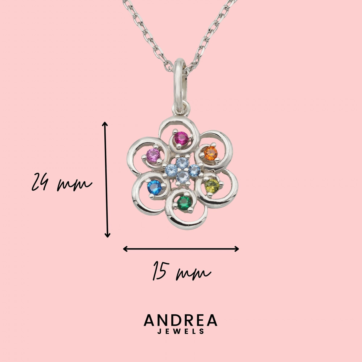 Medidas del collar Poppy de plata 925 con piedras multicolor: 24 x 15 mm - Andrea Jewels