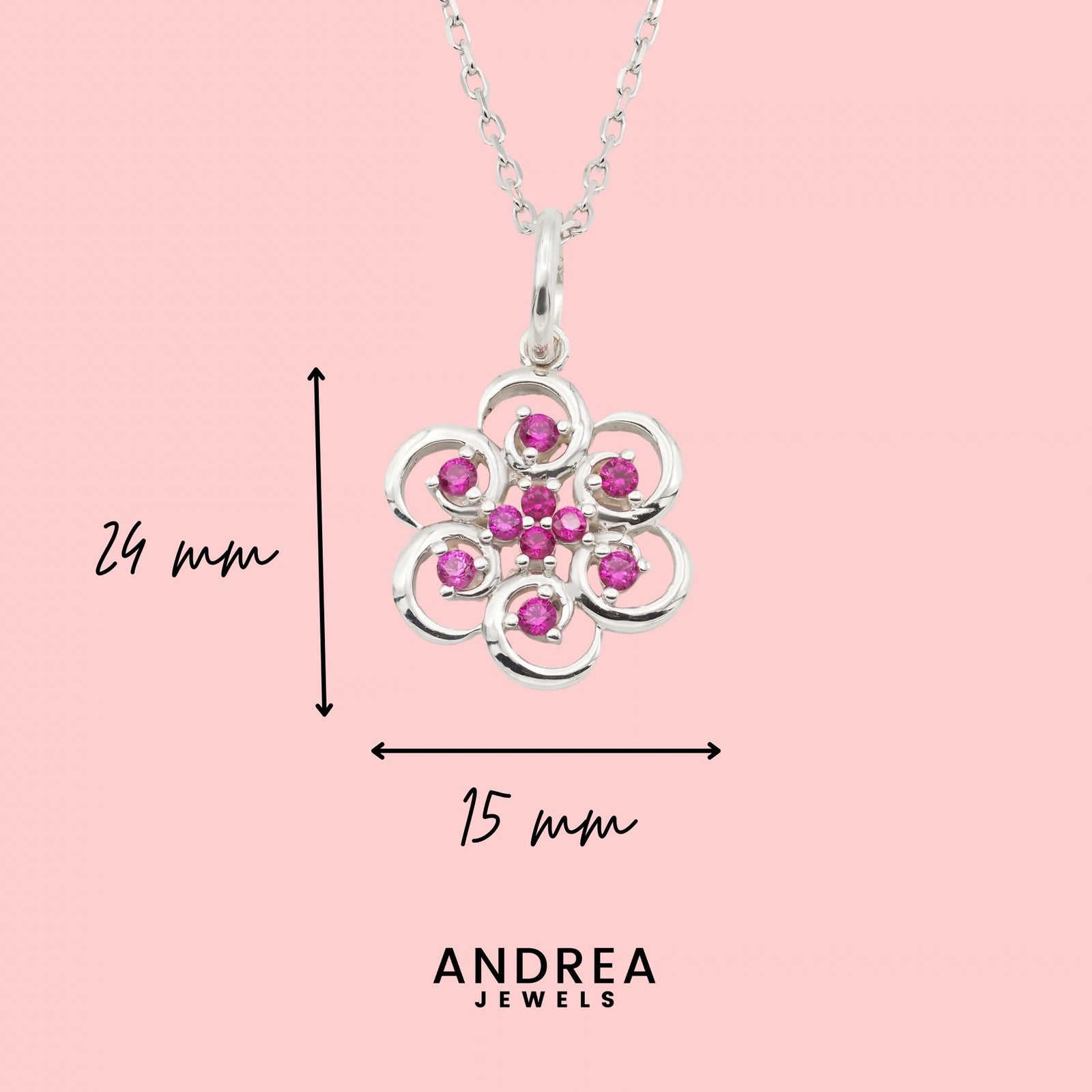 Medidas del collar Poppy de plata 925 con piedras rojas: 24 x 15 mm - Andrea Jewels
