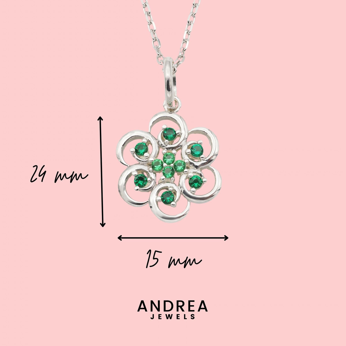 Medidas del collar Poppy de plata 925 con circonitas verdes - Andrea Jewels