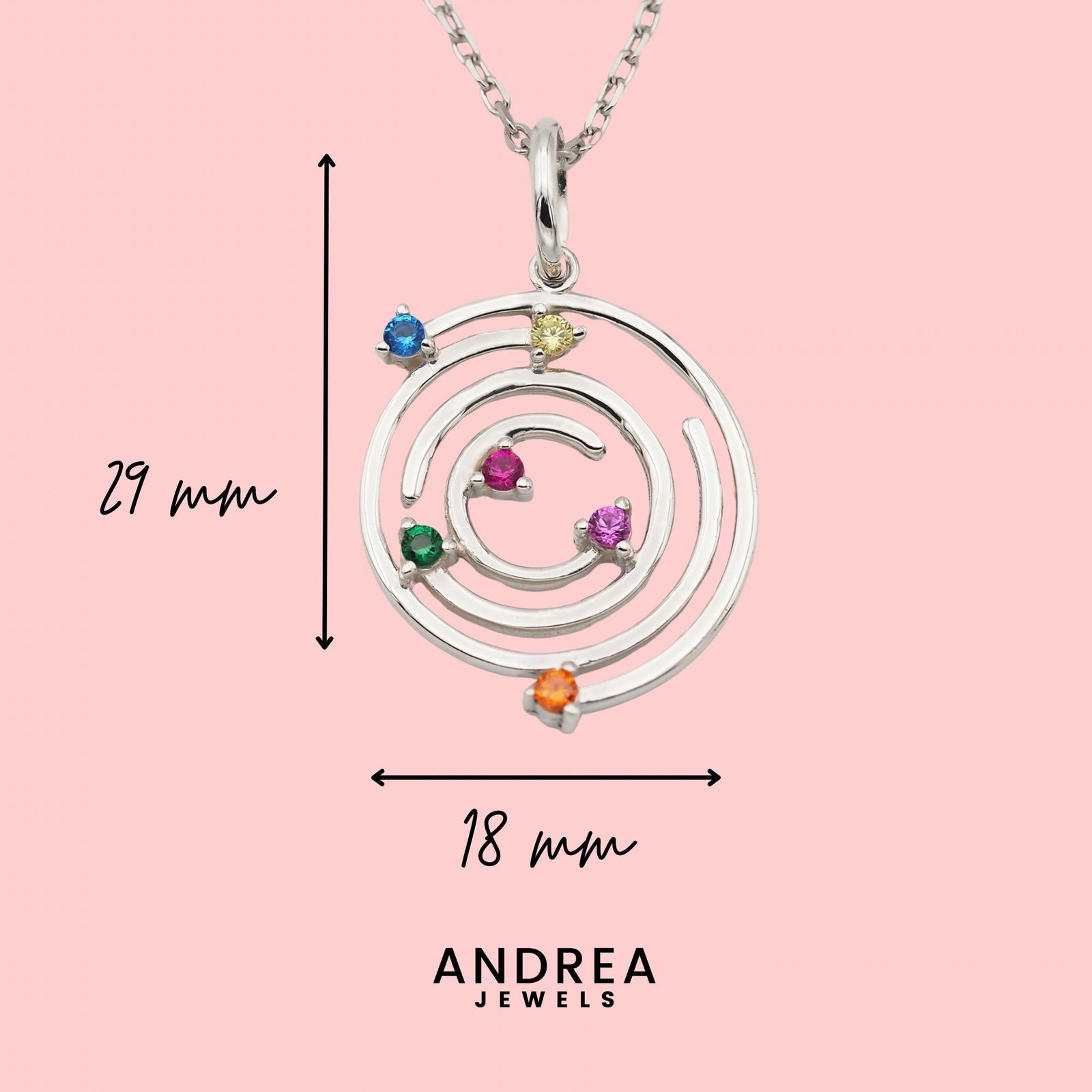 Medidas del collar Spiral de plata con piedras multicolor: 29 x 18 mm - Andrea Jewels