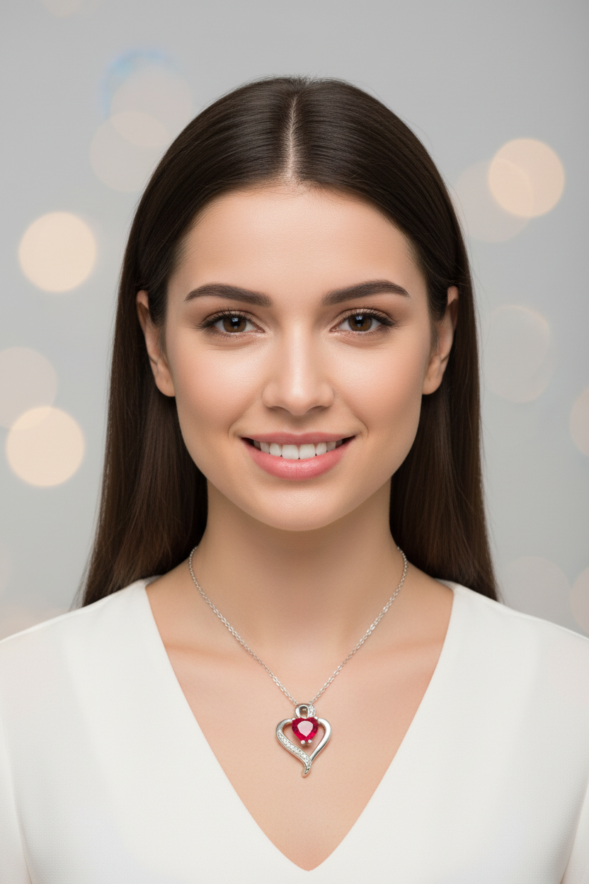 Modelo luciendo collar de corazón rojo de frente