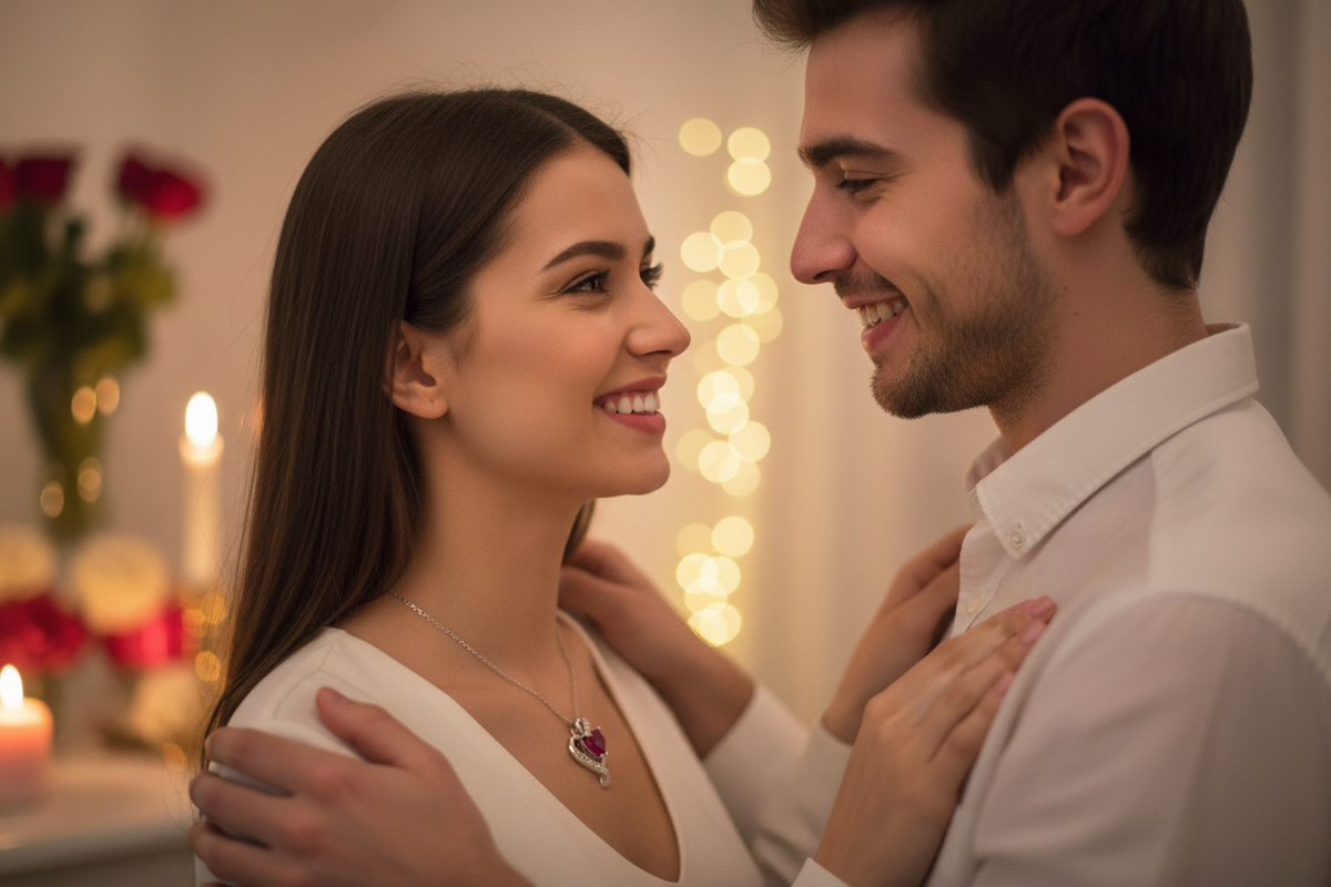 Pareja en San Valentín con collar de corazón rojo